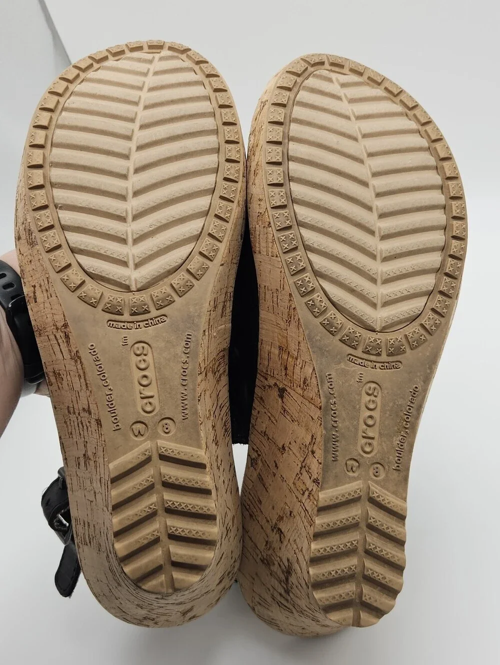 Crocs A-Leigh wedge sandals black leather cork size 8